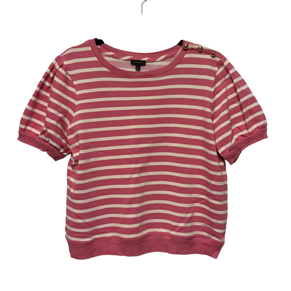 Talbots Pink White Striped Short Puff Sleeve Sweatshirt Gold Button Accent M